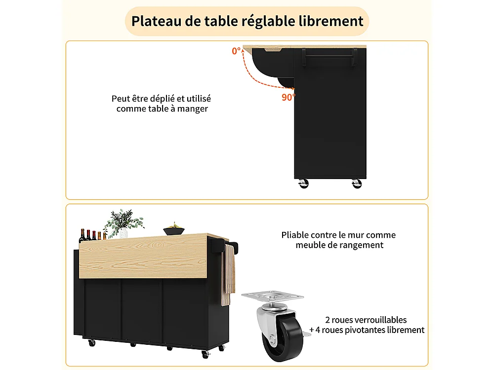 Buffet cuisine noir roulettes plan bois tiroirs portes coulissantes étagère épices porte serviettes îlot central pratique moderne