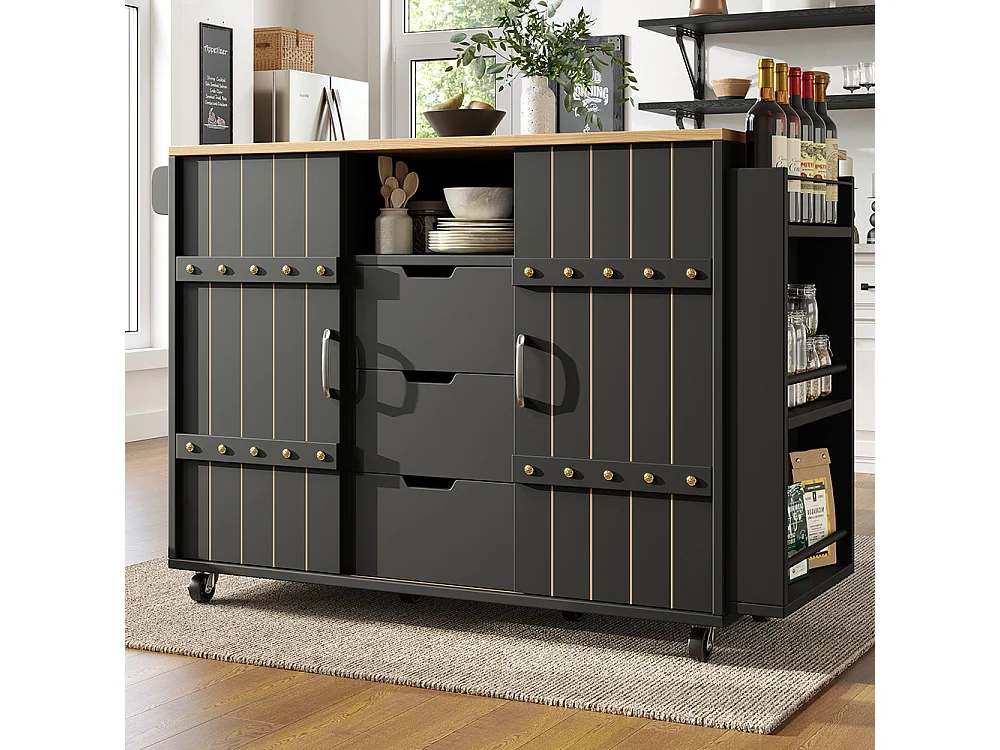 Buffet cuisine noir roulettes plan bois tiroirs portes coulissantes étagère épices porte serviettes îlot central pratique moderne