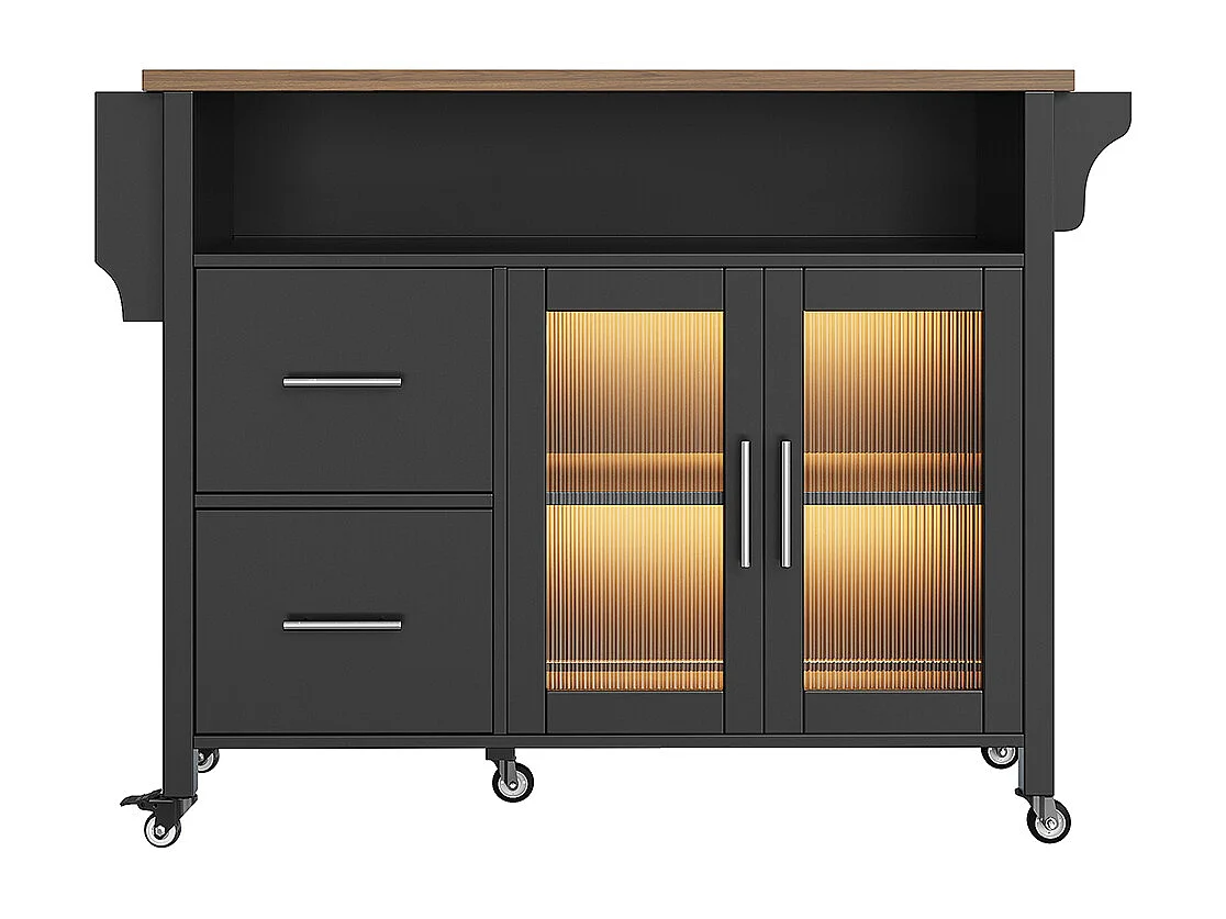 Buffet de cuisine noir avec cloisons amovibles vitrine en bois plan de travail éclairage LED porte-serviettes latéral et roulettes