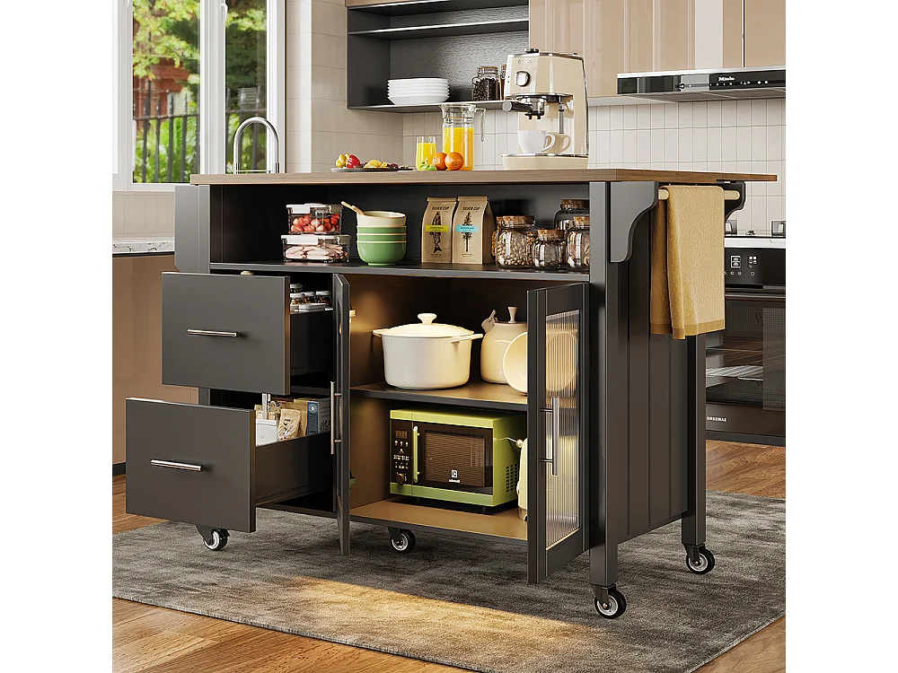 Buffet de cuisine noir avec cloisons amovibles vitrine en bois plan de travail éclairage LED porte-serviettes latéral et roulettes