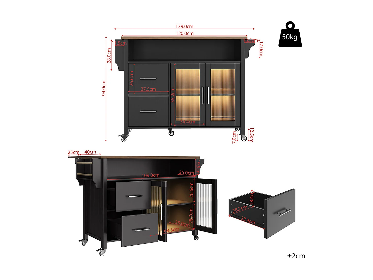 Buffet de cuisine noir avec cloisons amovibles vitrine en bois plan de travail éclairage LED porte-serviettes latéral et roulettes