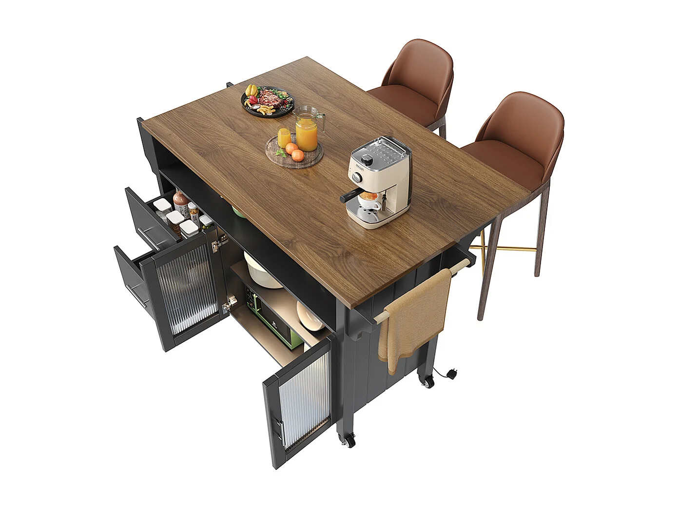 Buffet de cuisine noir avec cloisons amovibles vitrine en bois plan de travail éclairage LED porte-serviettes latéral et roulettes