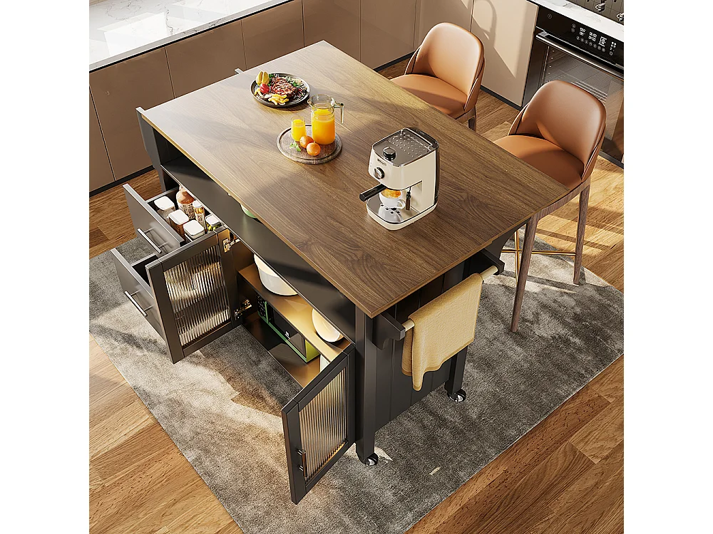 Buffet de cuisine noir avec cloisons amovibles vitrine en bois plan de travail éclairage LED porte-serviettes latéral et roulettes