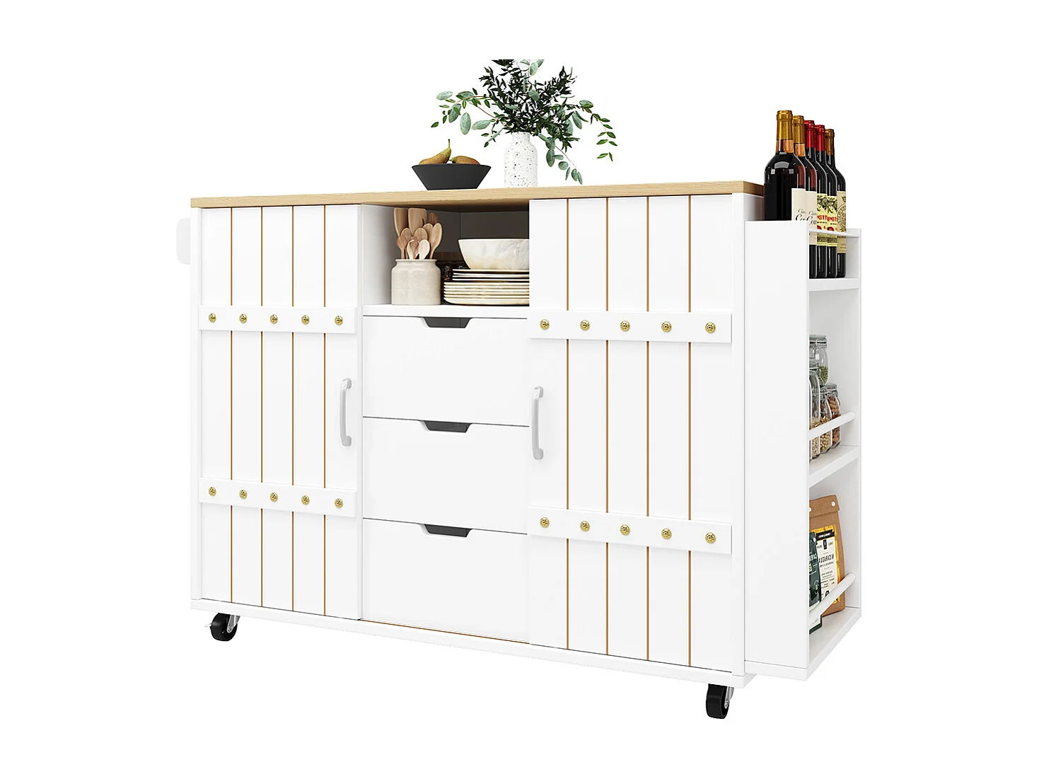 Buffet cuisine blanc roulettes plan bois tiroirs portes coulissantes étagère épices porte serviettes îlot central pratique moderne