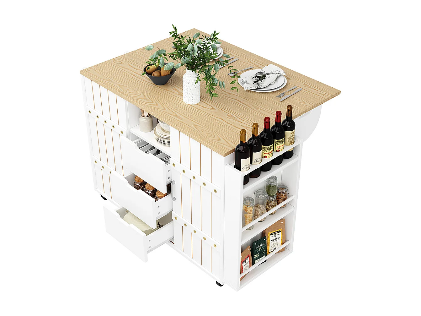 Buffet cuisine blanc roulettes plan bois tiroirs portes coulissantes étagère épices porte serviettes îlot central pratique moderne