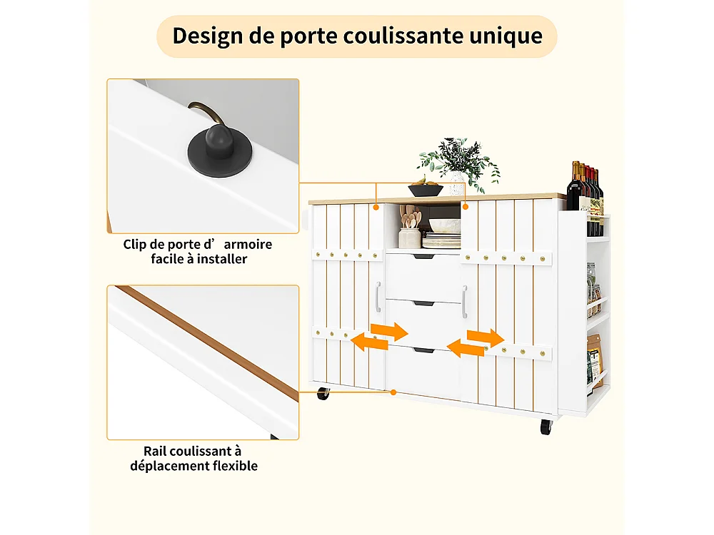 Buffet cuisine blanc roulettes plan bois tiroirs portes coulissantes étagère épices porte serviettes îlot central pratique moderne