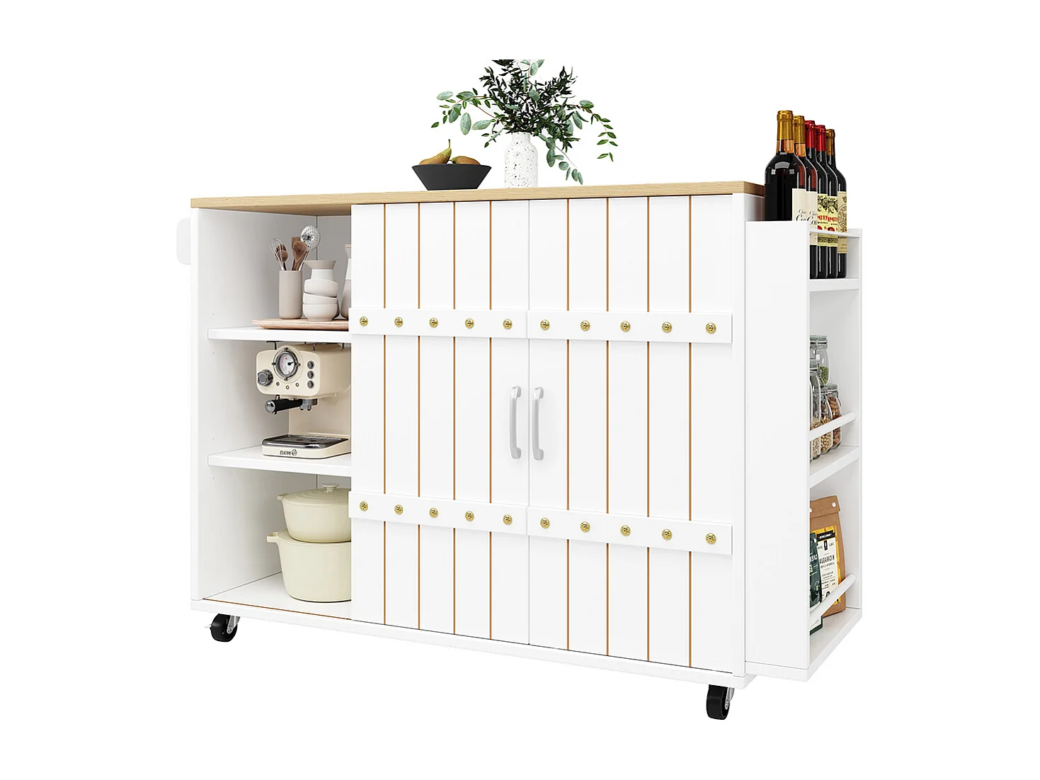 Buffet cuisine blanc roulettes plan bois tiroirs portes coulissantes étagère épices porte serviettes îlot central pratique moderne
