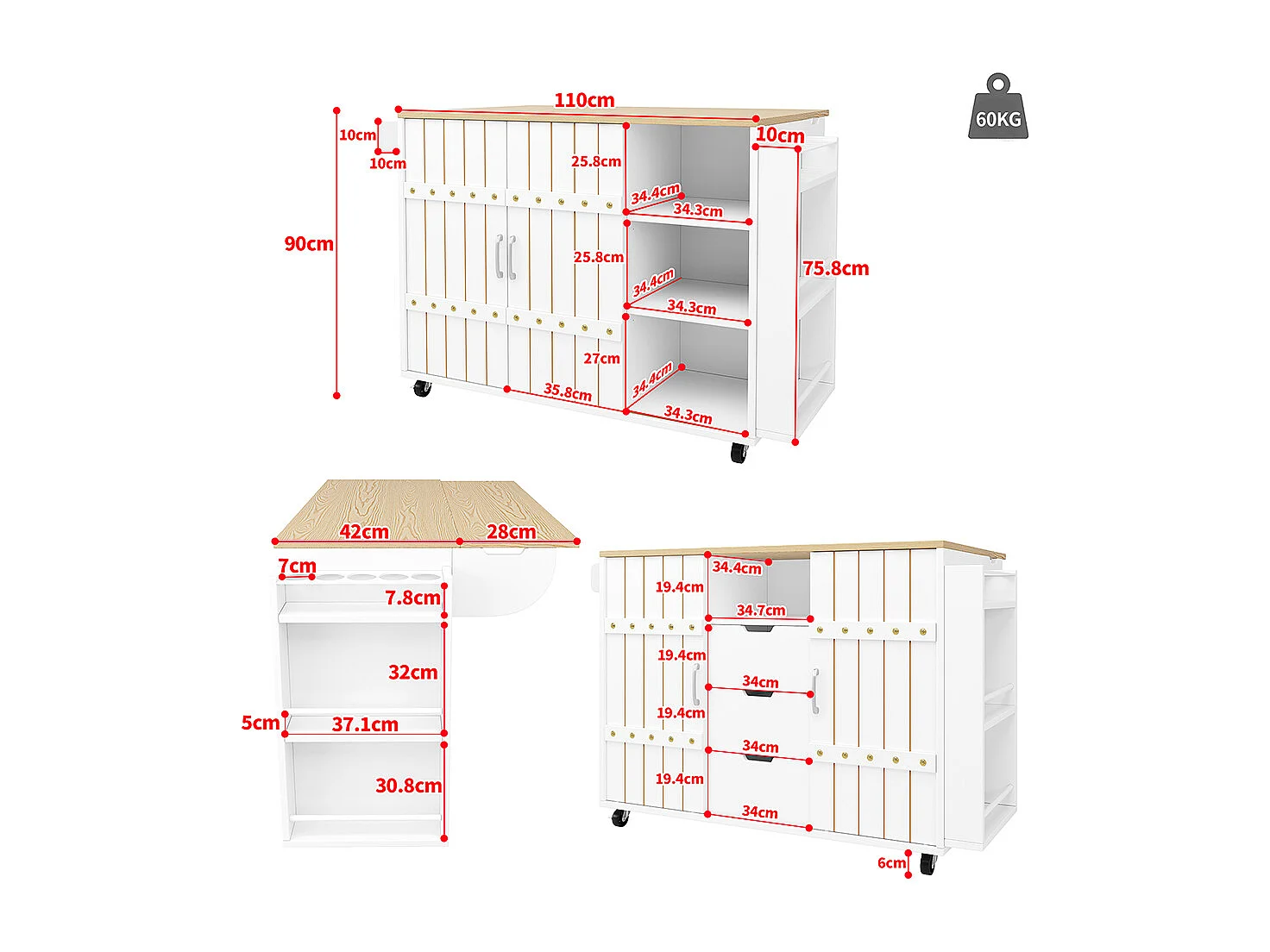 Buffet cuisine blanc roulettes plan bois tiroirs portes coulissantes étagère épices porte serviettes îlot central pratique moderne