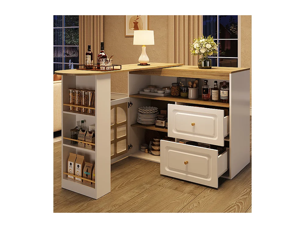 Buffet cuisine pivotant 360 blanc 2 tiroirs étagère snacks compartiment ouvert verre bombé salon chambre salle à manger moderne