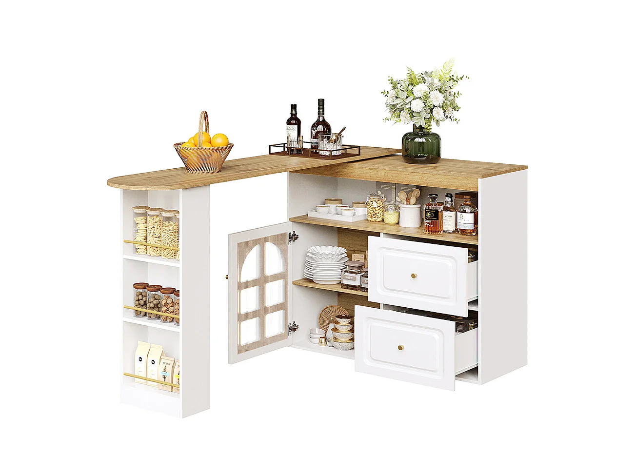 Buffet cuisine pivotant 360 blanc 2 tiroirs étagère snacks compartiment ouvert verre bombé salon chambre salle à manger moderne