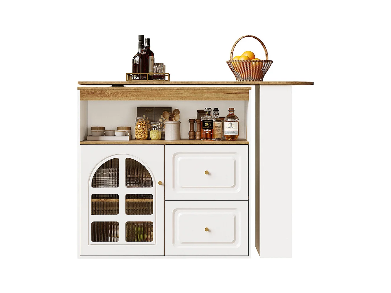 Buffet cuisine pivotant 360 blanc 2 tiroirs étagère snacks compartiment ouvert verre bombé salon chambre salle à manger moderne