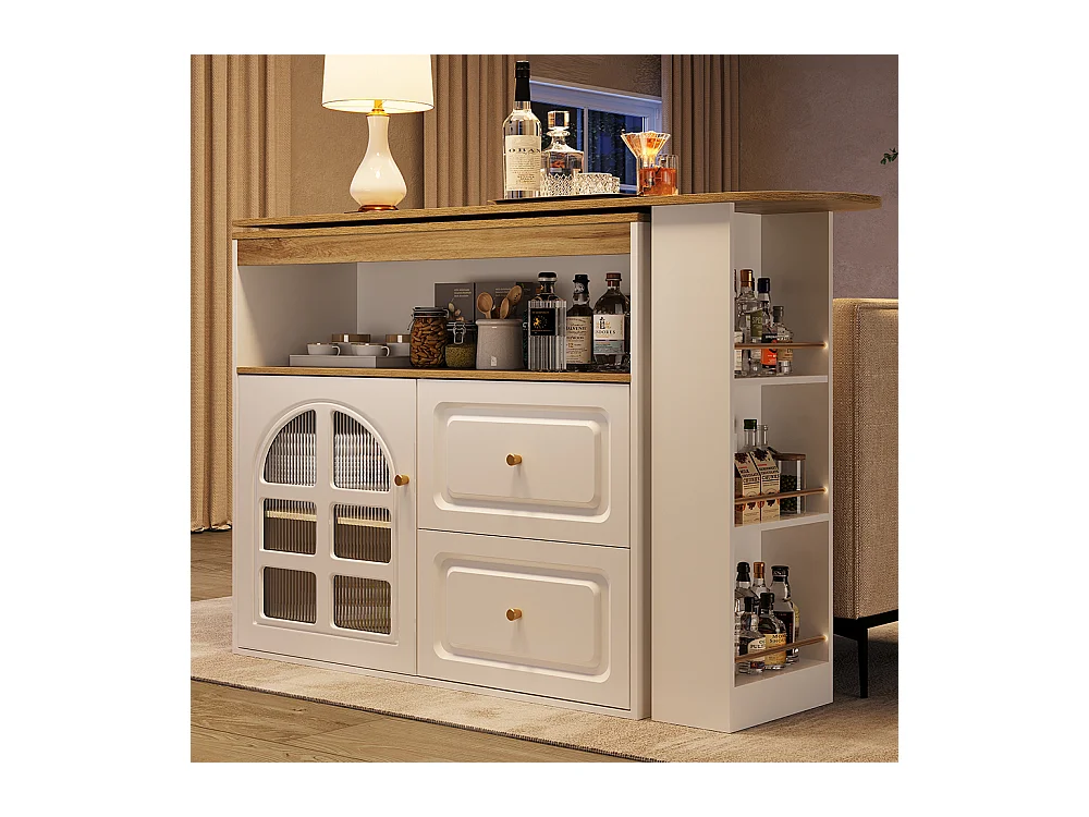 Buffet cuisine pivotant 360 blanc 2 tiroirs étagère snacks compartiment ouvert verre bombé salon chambre salle à manger moderne