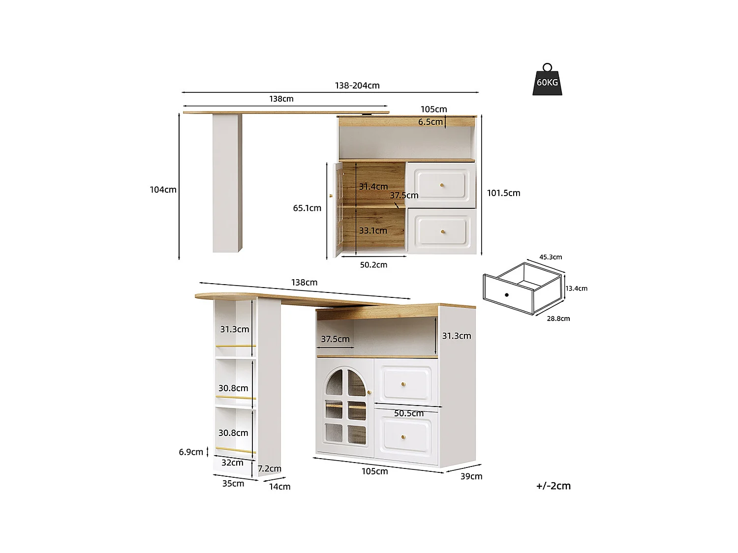 Buffet cuisine pivotant 360 blanc 2 tiroirs étagère snacks compartiment ouvert verre bombé salon chambre salle à manger moderne