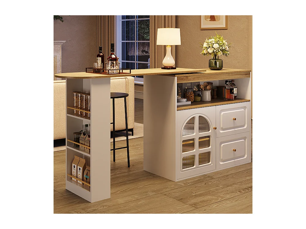 Buffet cuisine pivotant 360 blanc 2 tiroirs étagère snacks compartiment ouvert verre bombé salon chambre salle à manger moderne