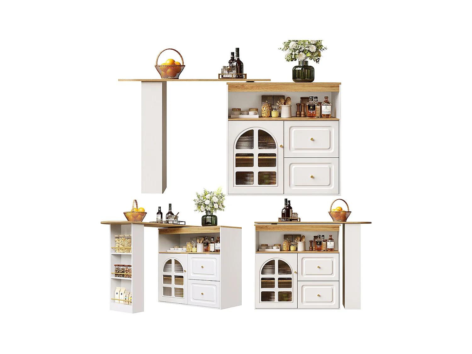 Buffet cuisine pivotant 360 blanc 2 tiroirs étagère snacks compartiment ouvert verre bombé salon chambre salle à manger moderne