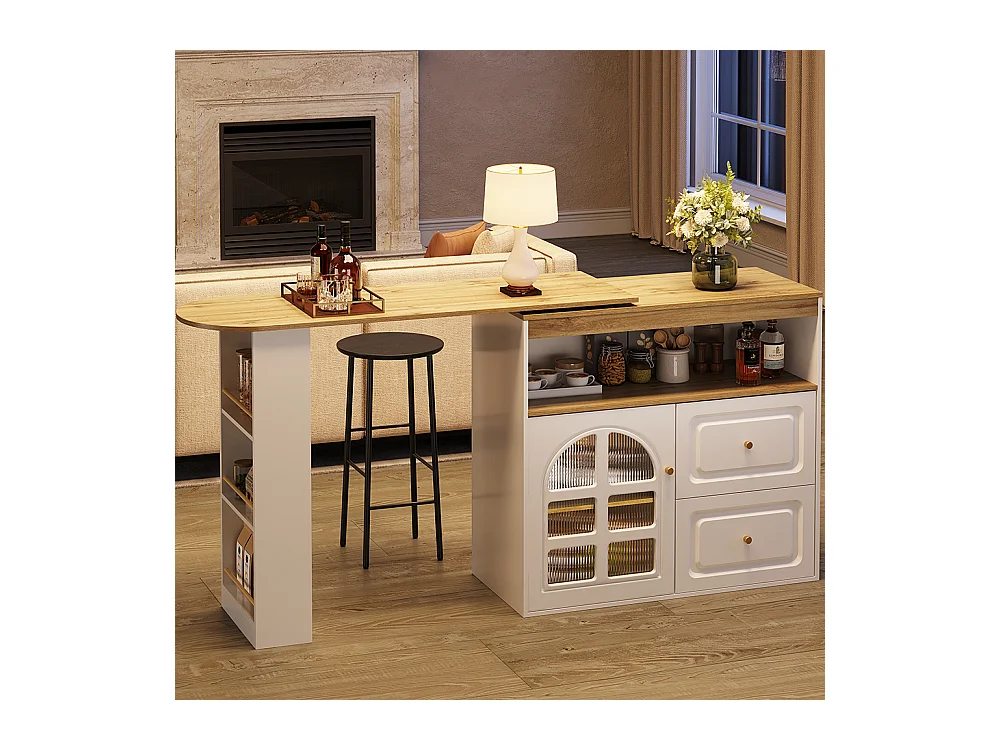 Buffet cuisine pivotant 360 blanc 2 tiroirs étagère snacks compartiment ouvert verre bombé salon chambre salle à manger moderne
