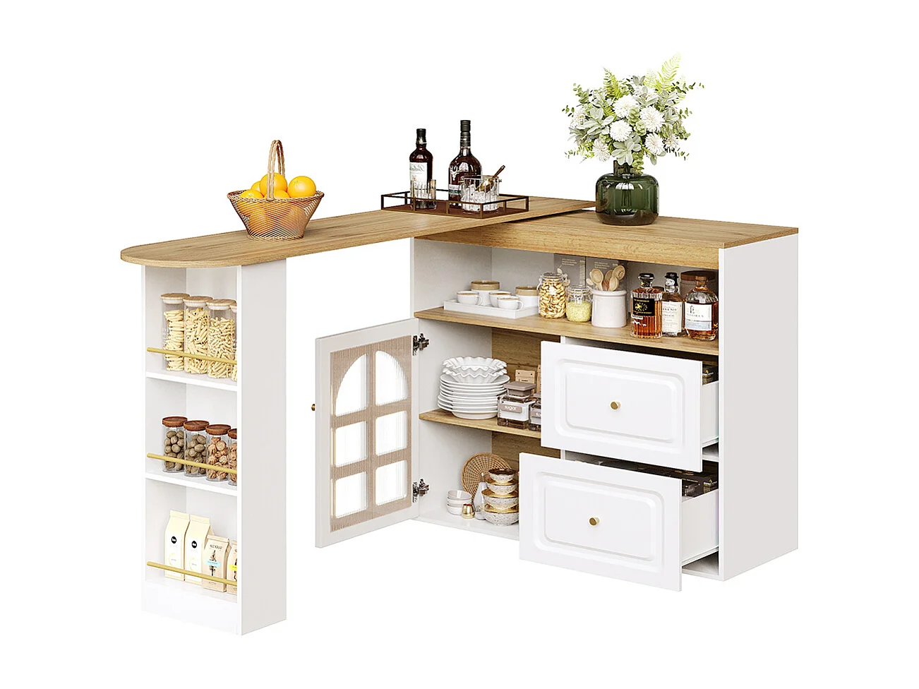 Buffet cuisine pivotant 360 blanc 2 tiroirs étagère snacks compartiment ouvert verre bombé salon chambre salle à manger moderne