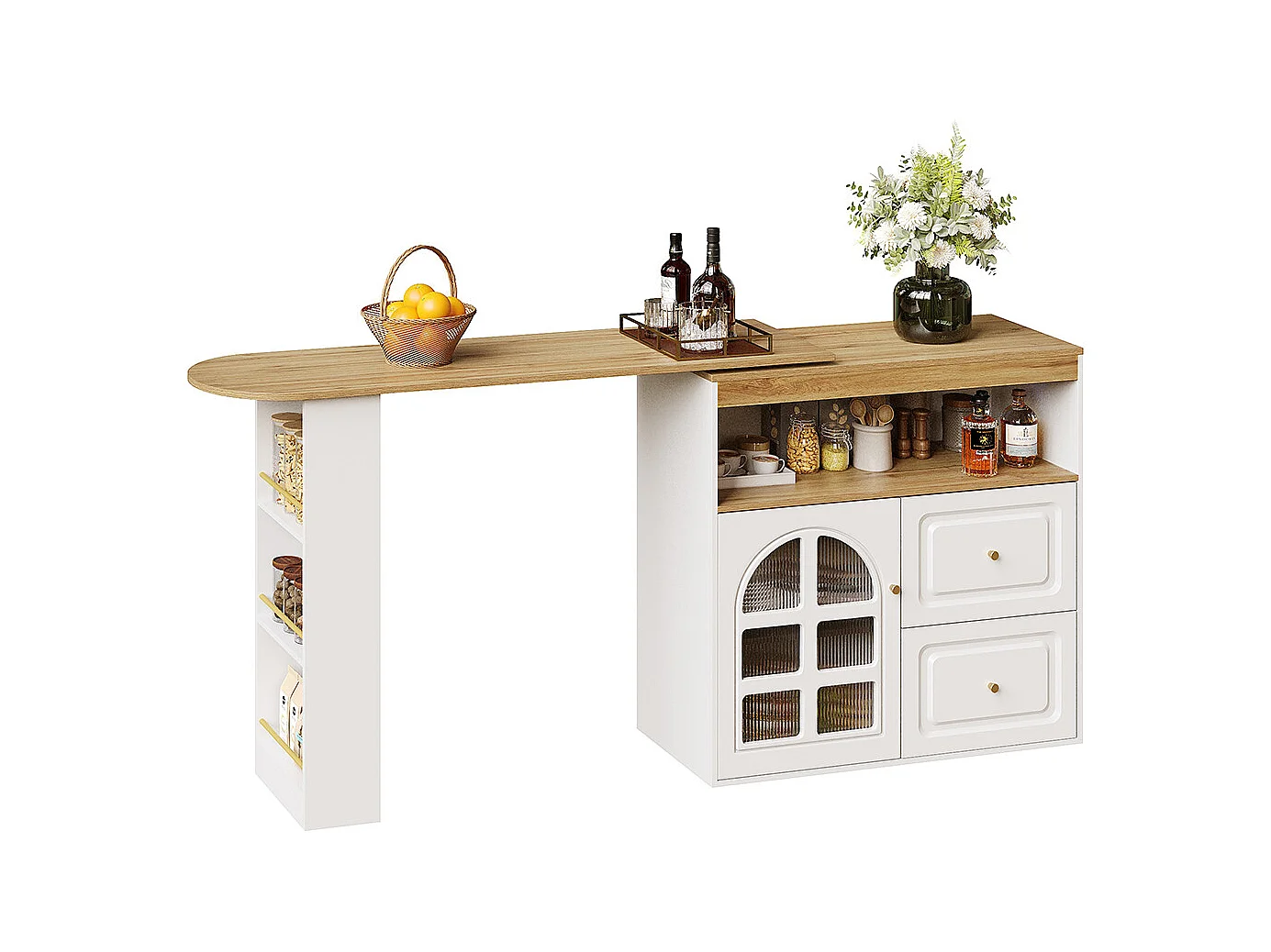 Buffet cuisine pivotant 360 blanc 2 tiroirs étagère snacks compartiment ouvert verre bombé salon chambre salle à manger moderne