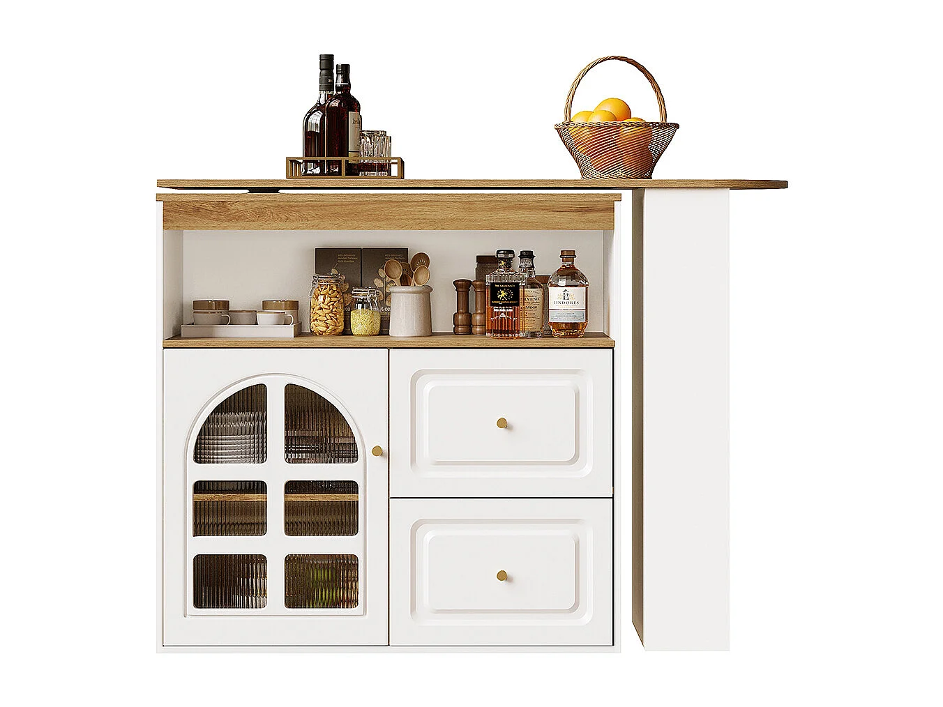 Buffet cuisine pivotant 360 blanc 2 tiroirs étagère snacks compartiment ouvert verre bombé salon chambre salle à manger moderne