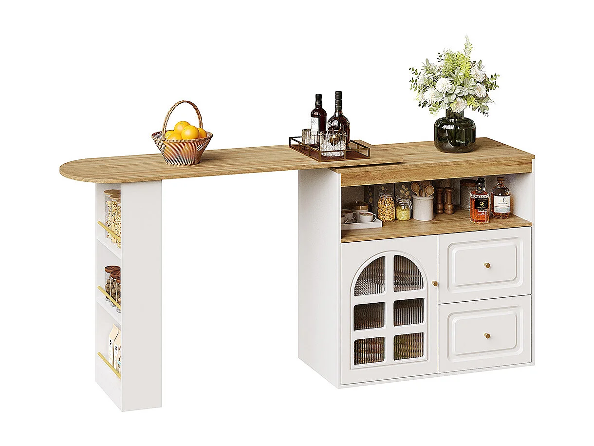 Buffet cuisine pivotant 360 blanc 2 tiroirs étagère snacks compartiment ouvert verre bombé salon chambre salle à manger moderne