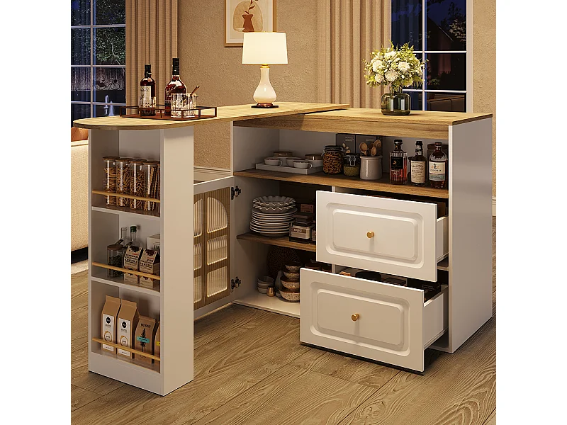 Buffet cuisine pivotant 360 blanc 2 tiroirs étagère snacks compartiment ouvert verre bombé salon chambre salle à manger moderne