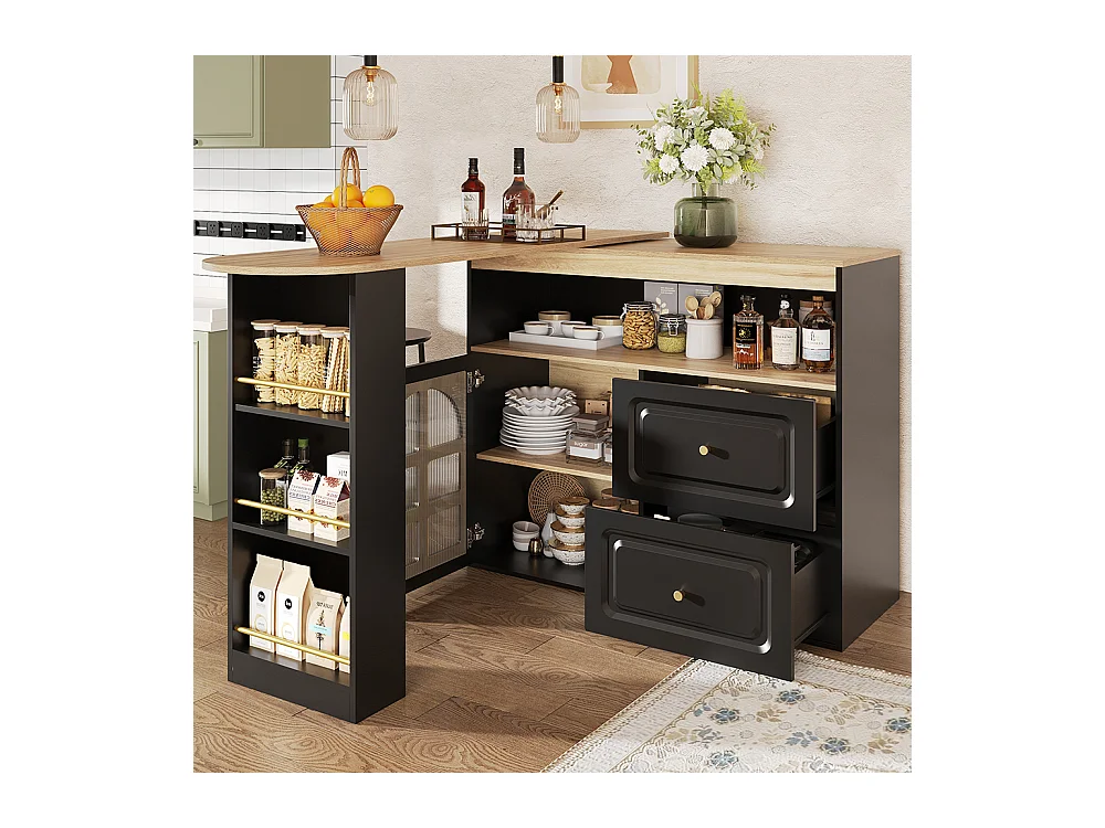 Buffet cuisine pivotant 360 noir 2 tiroirs étagère snacks compartiment ouvert verre bombé salon chambre salle à manger moderne