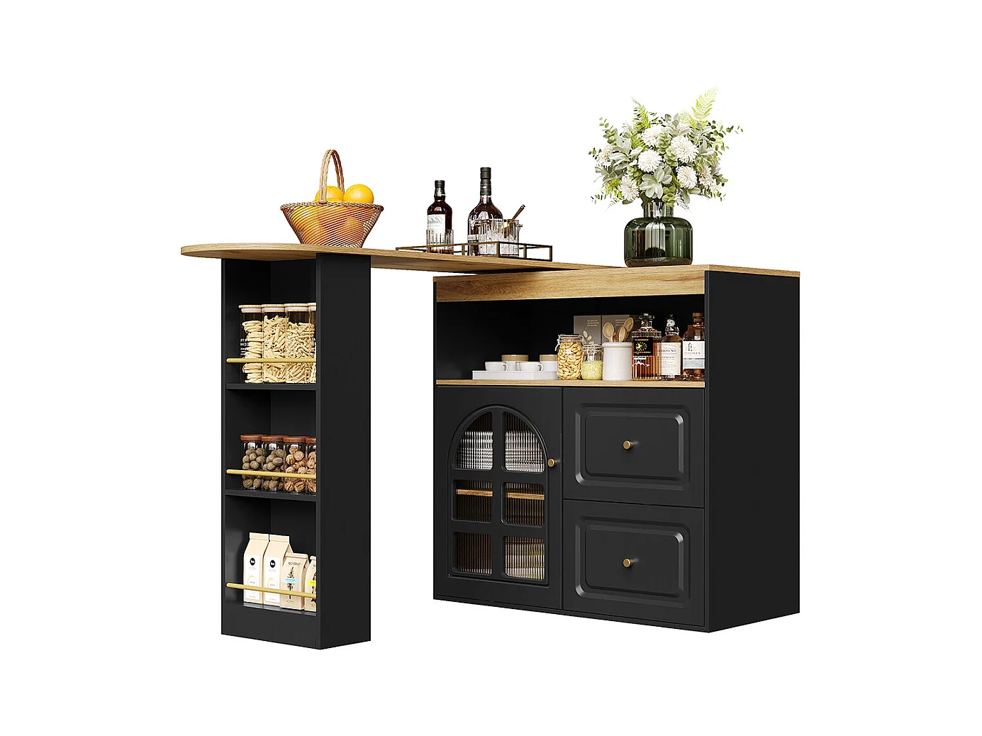 Buffet cuisine pivotant 360 noir 2 tiroirs étagère snacks compartiment ouvert verre bombé salon chambre salle à manger moderne