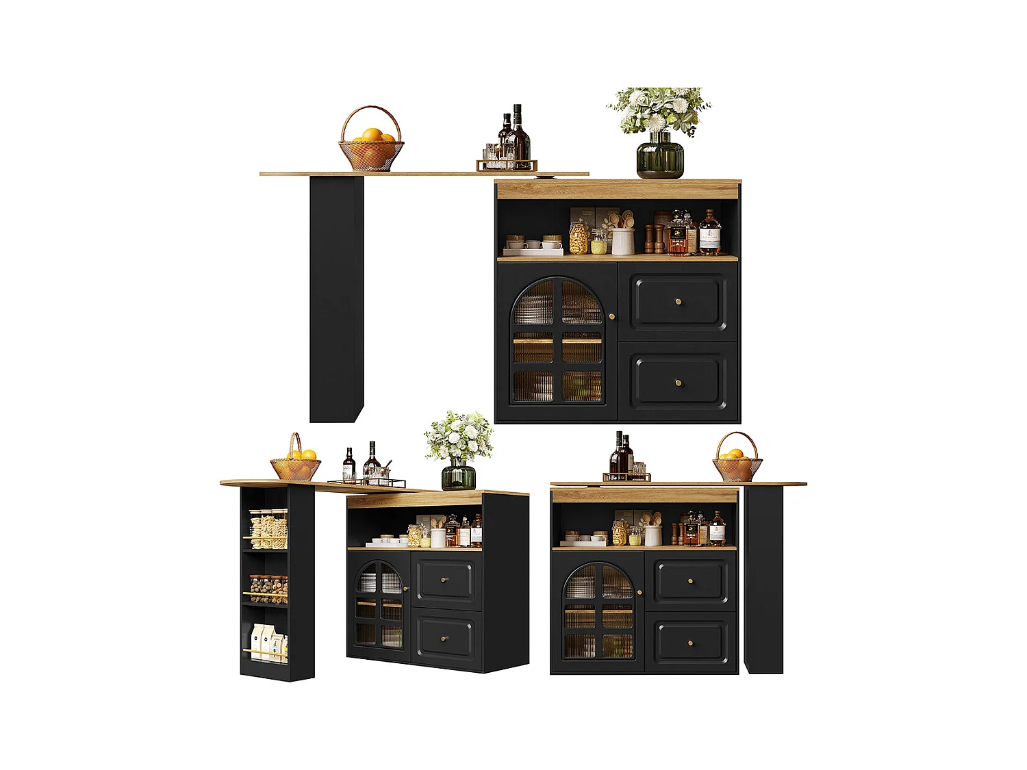 Buffet cuisine pivotant 360 noir 2 tiroirs étagère snacks compartiment ouvert verre bombé salon chambre salle à manger moderne