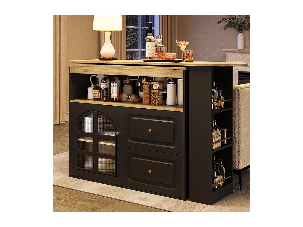 Buffet cuisine pivotant 360 noir 2 tiroirs étagère snacks compartiment ouvert verre bombé salon chambre salle à manger moderne