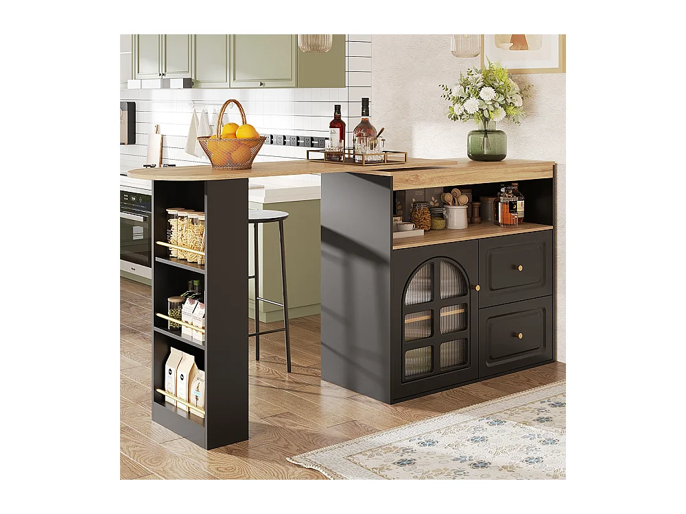 Buffet cuisine pivotant 360 noir 2 tiroirs étagère snacks compartiment ouvert verre bombé salon chambre salle à manger moderne