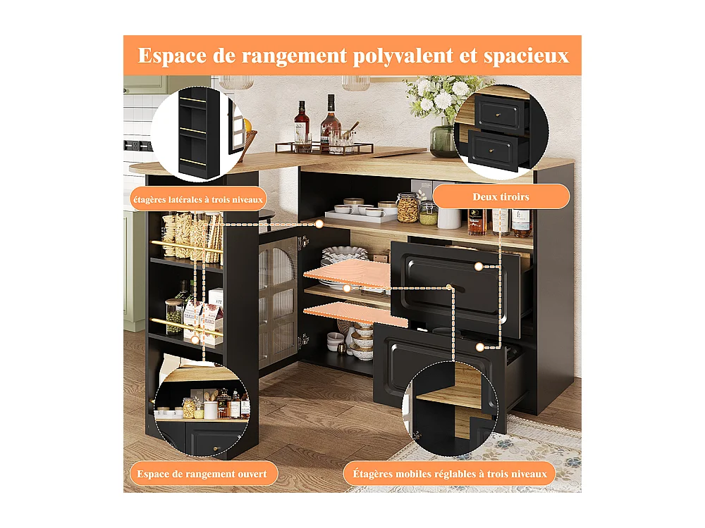 Buffet cuisine pivotant 360 noir 2 tiroirs étagère snacks compartiment ouvert verre bombé salon chambre salle à manger moderne
