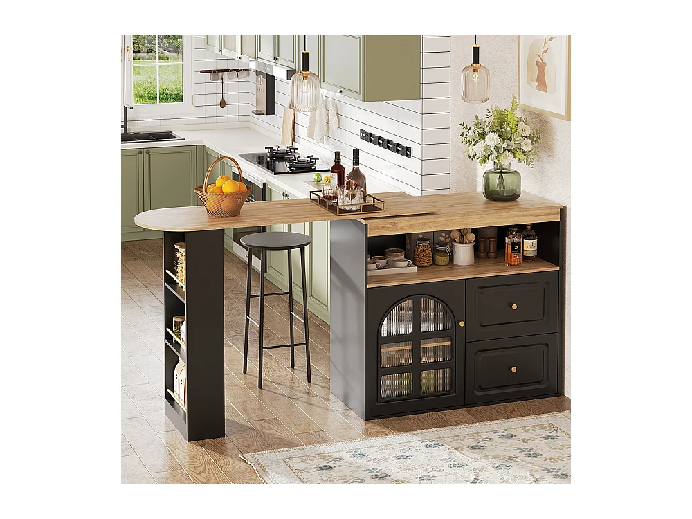 Buffet cuisine pivotant 360 noir 2 tiroirs étagère snacks compartiment ouvert verre bombé salon chambre salle à manger moderne