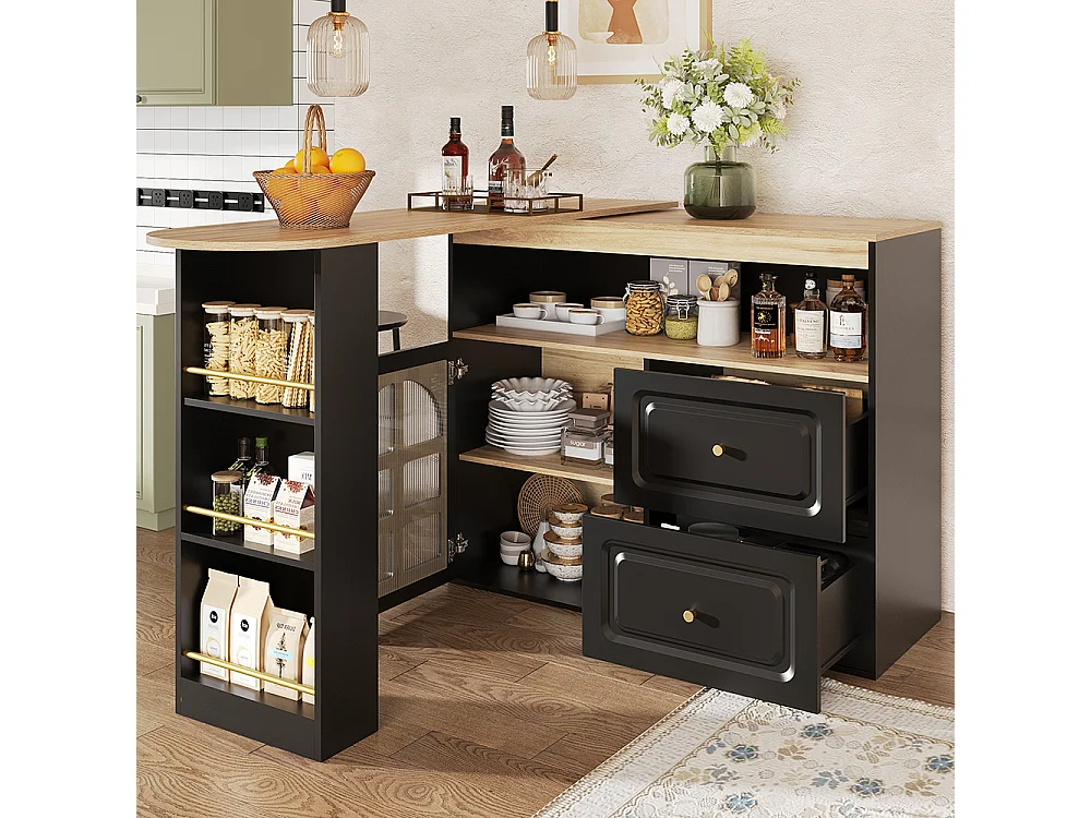 Buffet cuisine pivotant 360 noir 2 tiroirs étagère snacks compartiment ouvert verre bombé salon chambre salle à manger moderne