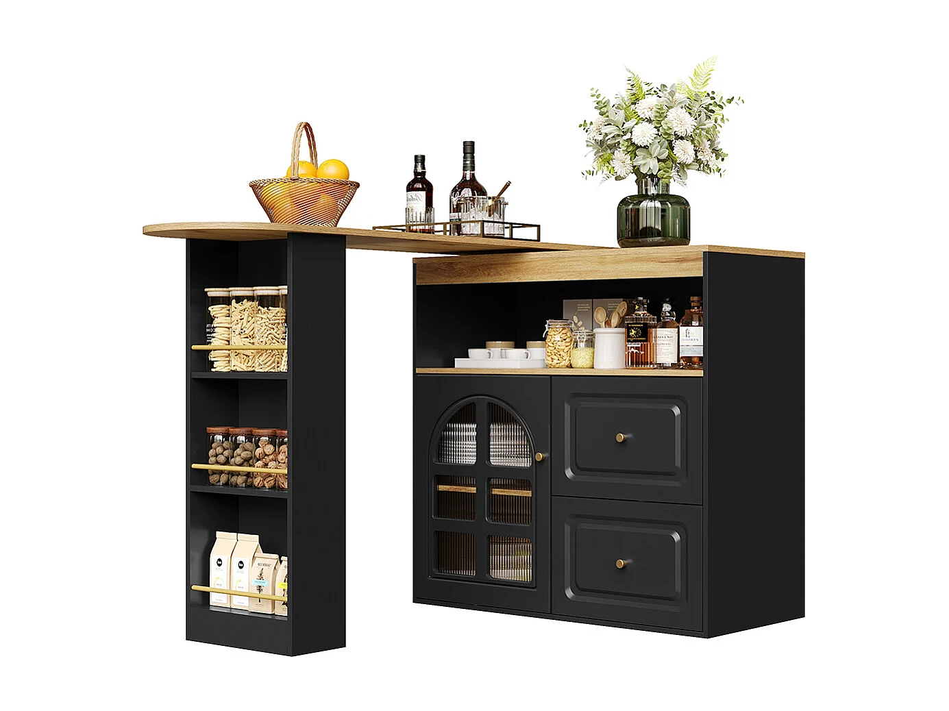 Buffet cuisine pivotant 360 noir 2 tiroirs étagère snacks compartiment ouvert verre bombé salon chambre salle à manger moderne