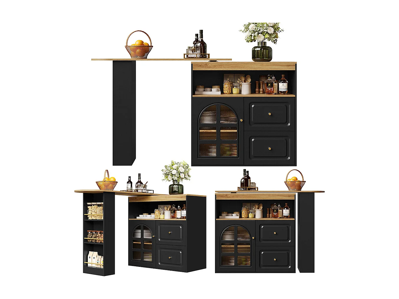 Buffet cuisine pivotant 360 noir 2 tiroirs étagère snacks compartiment ouvert verre bombé salon chambre salle à manger moderne