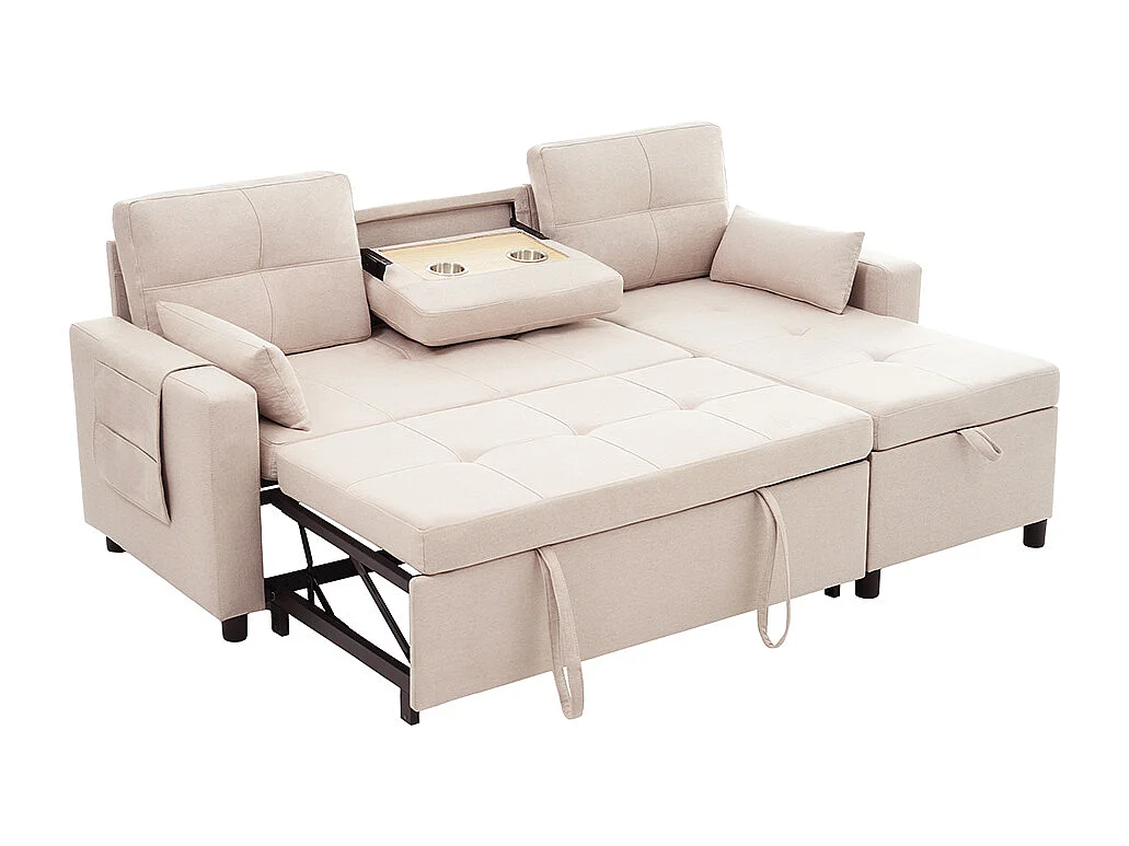 Canapé en L modulaire convertible avec fonction de couchage équipé d'un espace de rangement d'un porte-gobelet rabattable beige