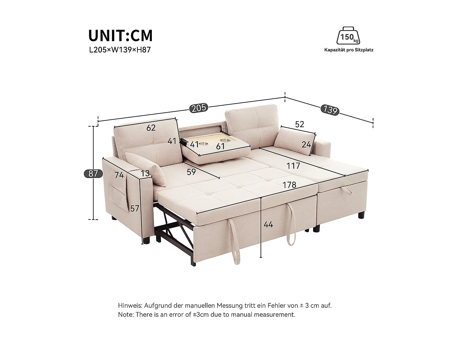 Canapé en L modulaire convertible avec fonction de couchage équipé d'un espace de rangement d'un porte-gobelet rabattable beige