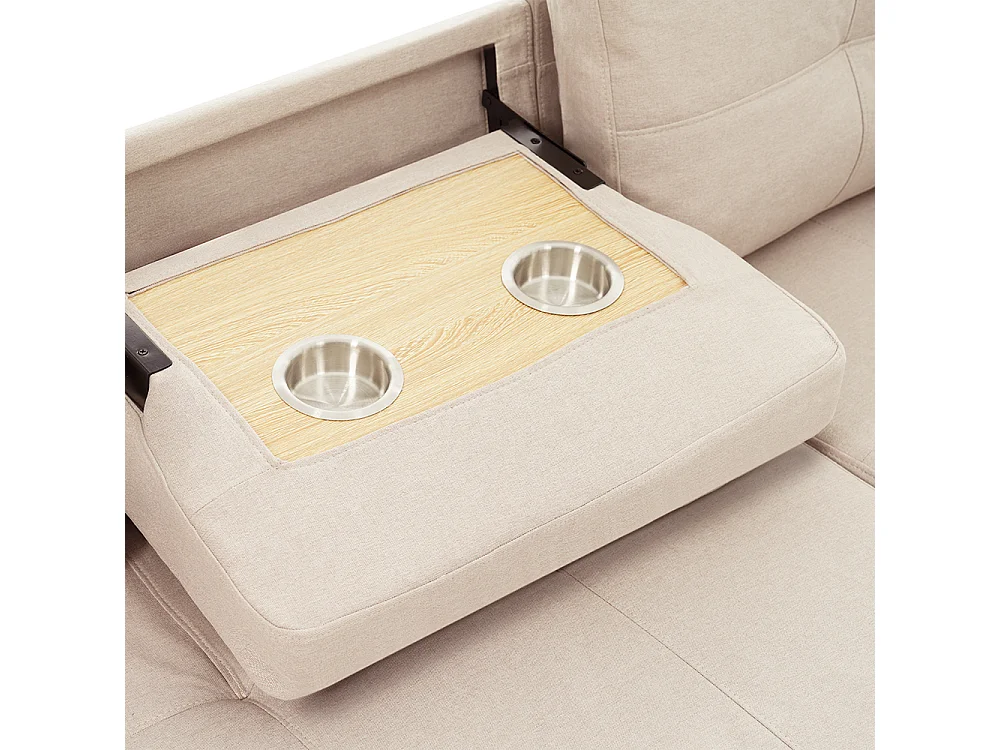 Canapé en L modulaire convertible avec fonction de couchage équipé d'un espace de rangement d'un porte-gobelet rabattable beige
