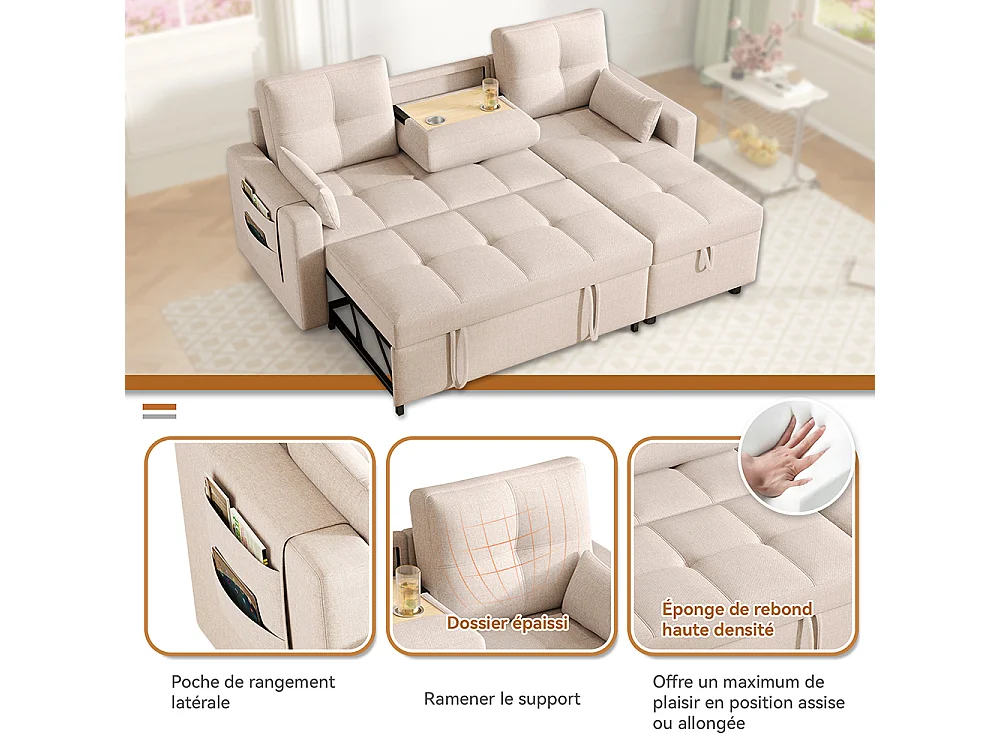Canapé en L modulaire convertible avec fonction de couchage équipé d'un espace de rangement d'un porte-gobelet rabattable beige