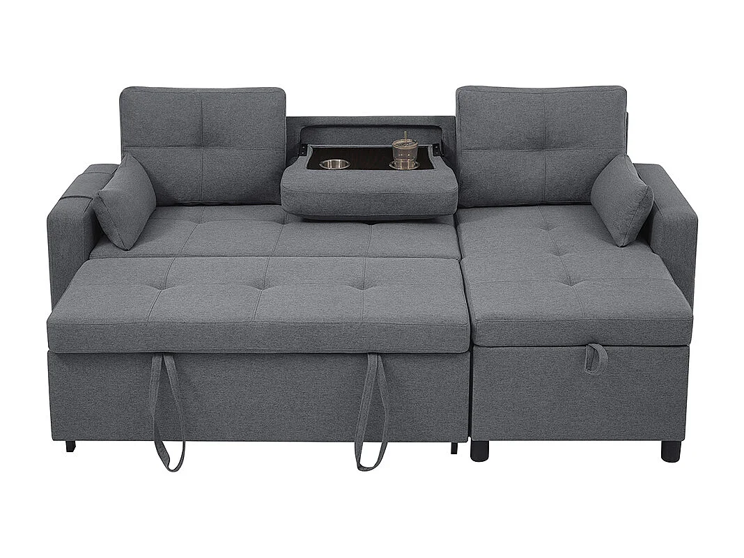 Canapé en L modulaire convertible avec fonction de couchage équipé d'un espace de rangement d'un porte-gobelet rabattable gris