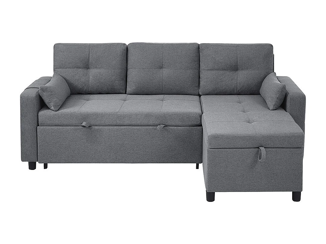 Canapé en L modulaire convertible avec fonction de couchage équipé d'un espace de rangement d'un porte-gobelet rabattable gris