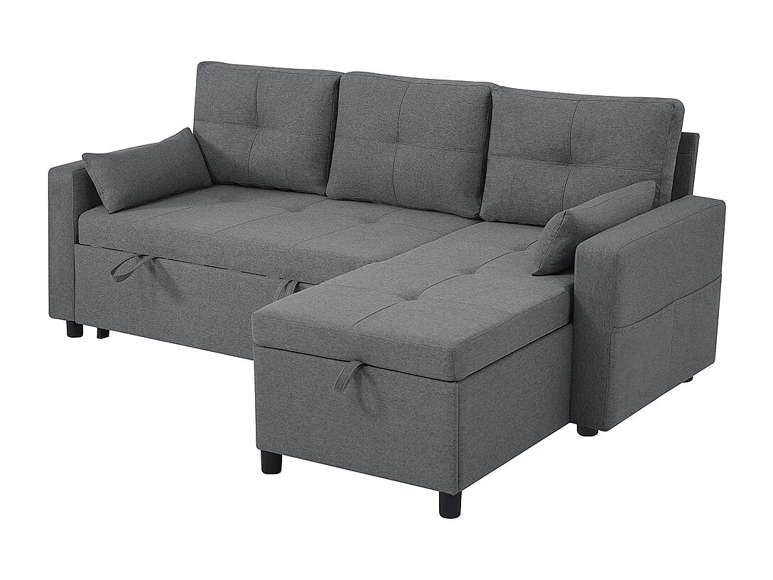 Canapé en L modulaire convertible avec fonction de couchage équipé d'un espace de rangement d'un porte-gobelet rabattable gris