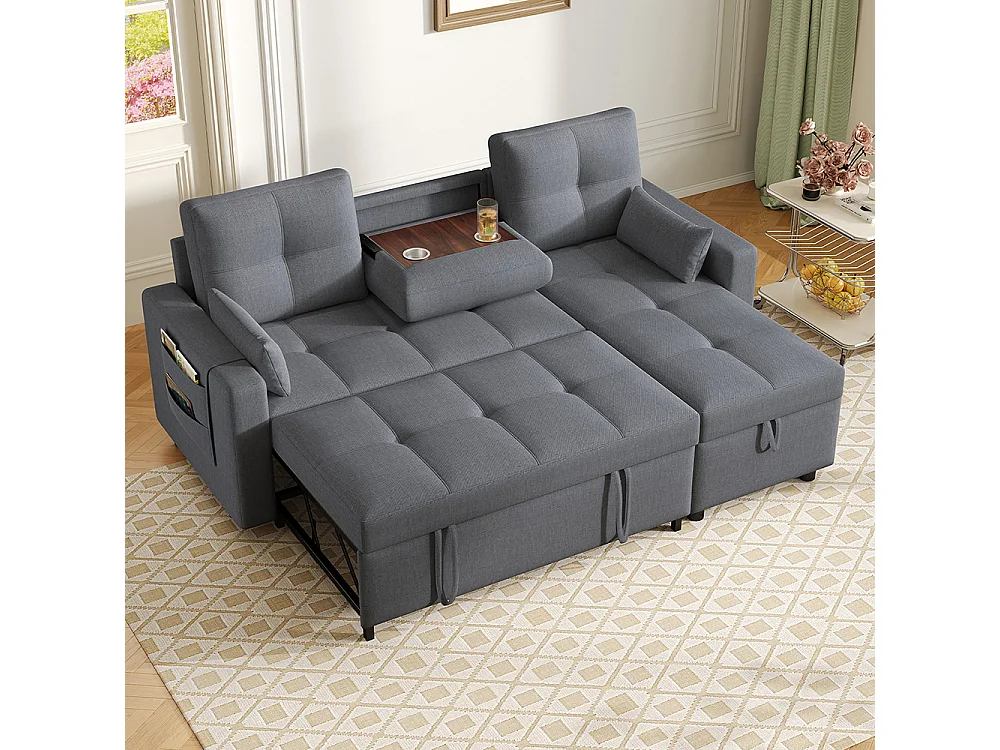 Canapé en L modulaire convertible avec fonction de couchage équipé d'un espace de rangement d'un porte-gobelet rabattable gris