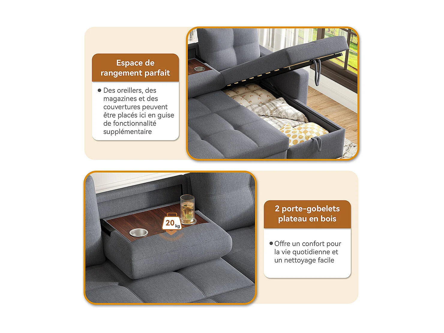Canapé en L modulaire convertible avec fonction de couchage équipé d'un espace de rangement d'un porte-gobelet rabattable gris