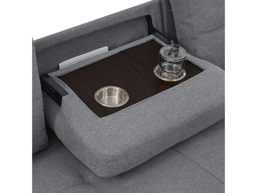 Canapé en L modulaire convertible avec fonction de couchage équipé d'un espace de rangement d'un porte-gobelet rabattable gris