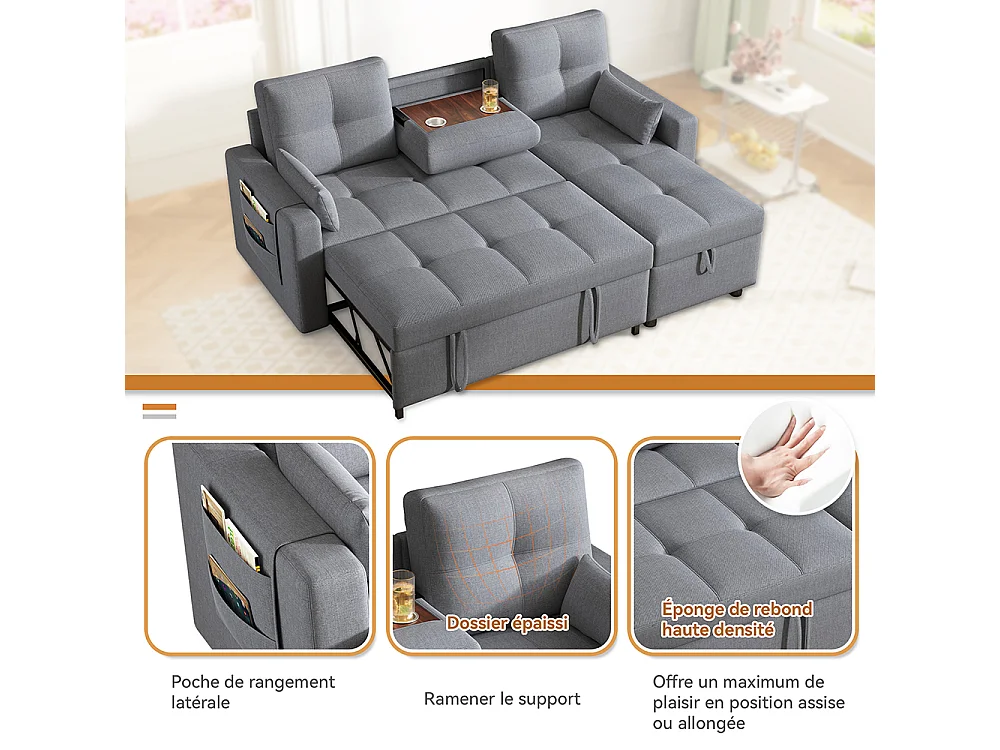 Canapé en L modulaire convertible avec fonction de couchage équipé d'un espace de rangement d'un porte-gobelet rabattable gris