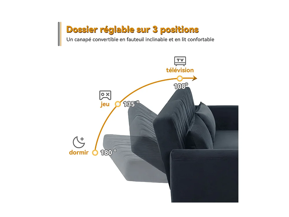 Canapé convertible droit deux places avec fonction couchage canapé-lit en velours gris foncé