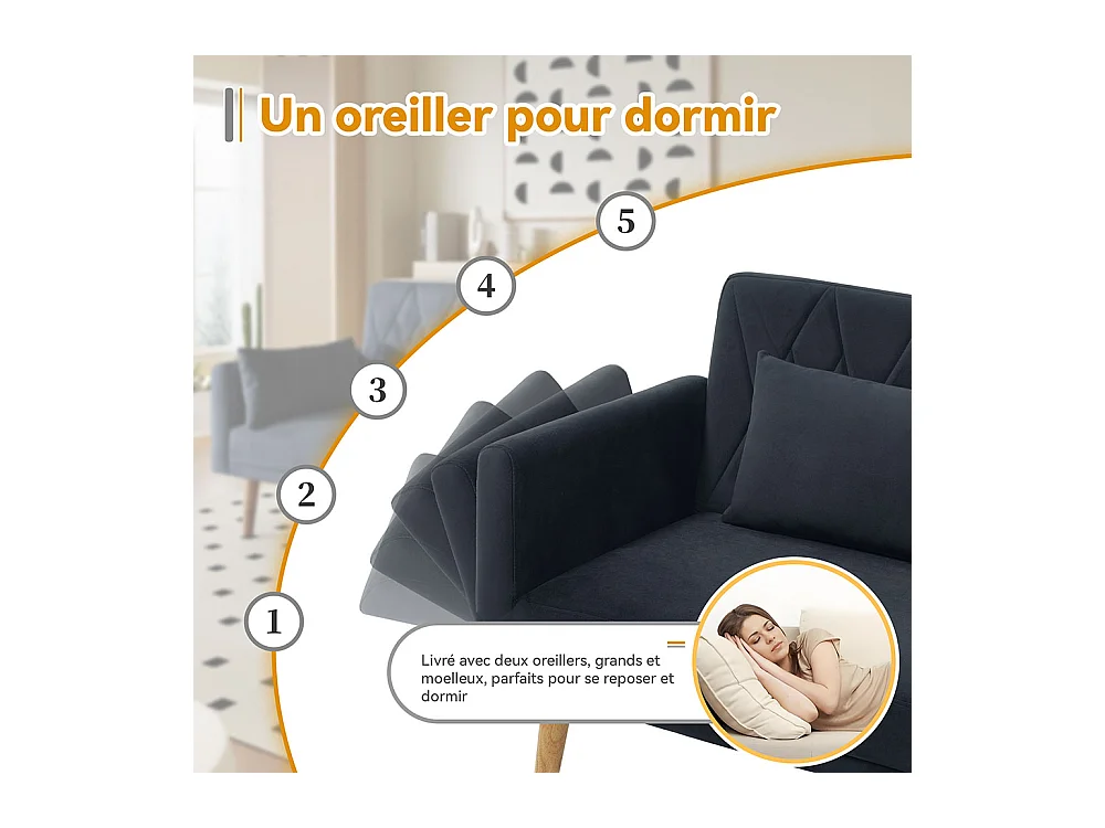 Canapé convertible droit deux places avec fonction couchage canapé-lit en velours gris foncé