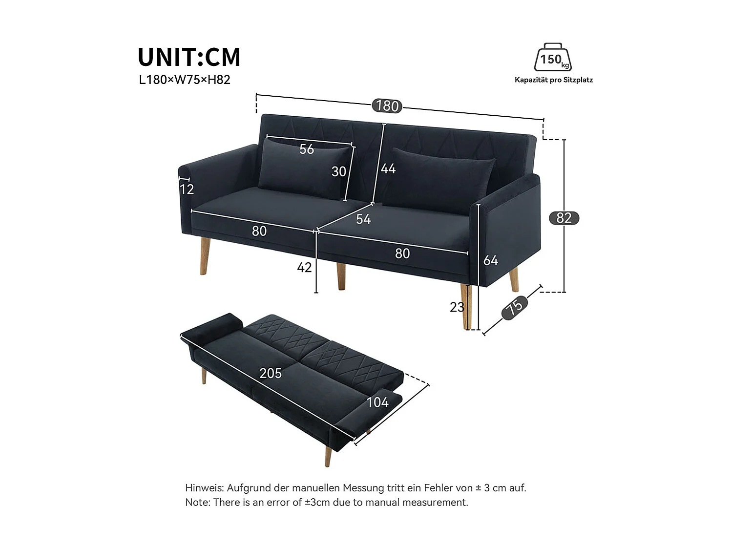 Canapé convertible droit deux places avec fonction couchage canapé-lit en velours gris foncé