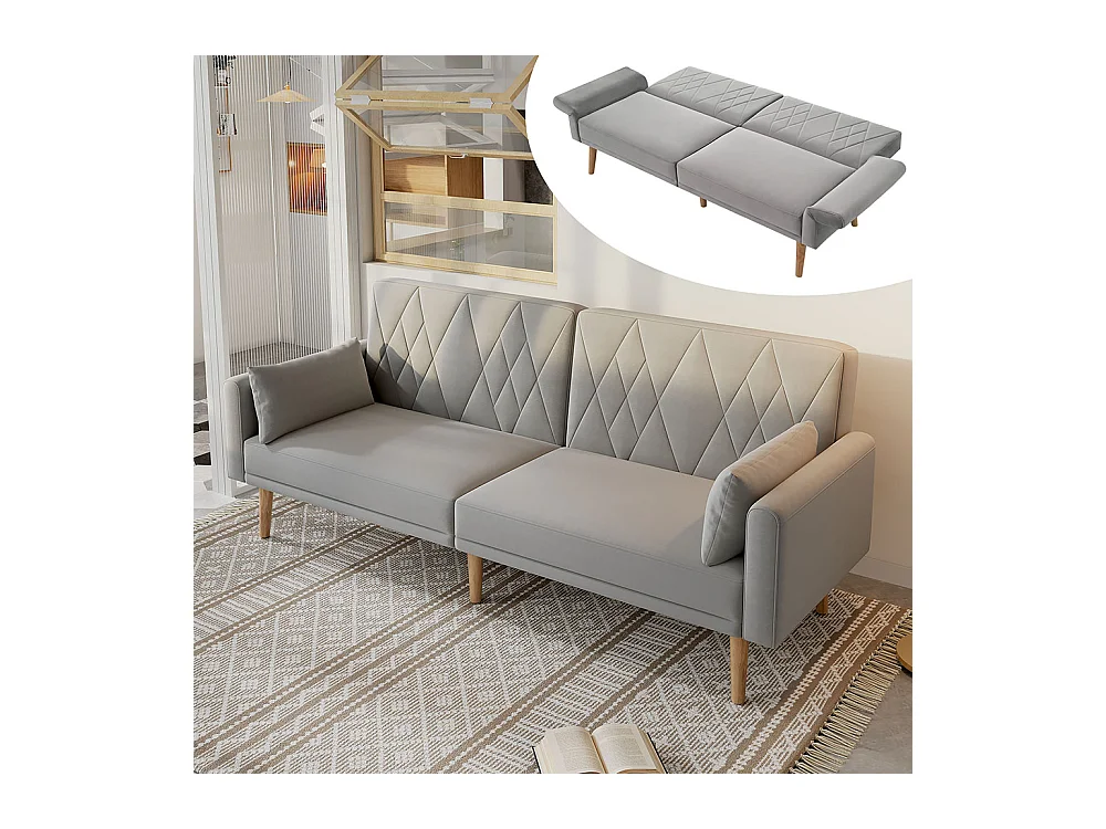 Canapé convertible droit deux places avec fonction couchage canapé-lit en velours gris clair